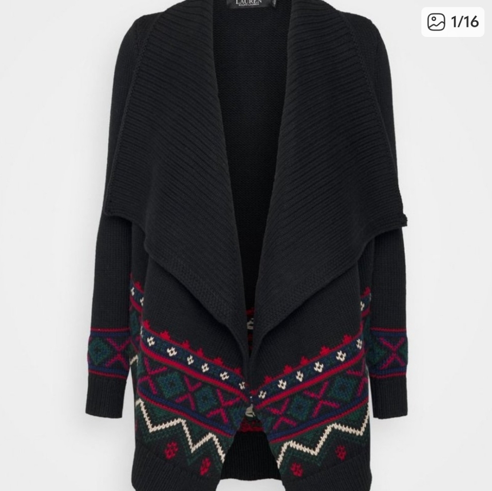 Lauren Ralph Lauren Women's Fair Isle Cotton Wool Open Drape Cardigan Small
